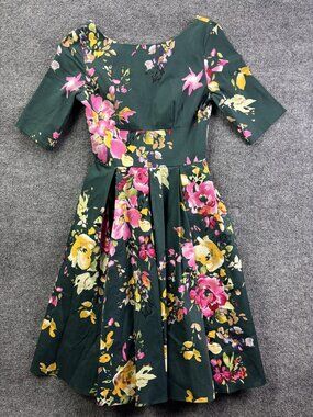 The Pretty Dress Company Dress Womens 8 Green‎ Floral Fit & Flare Midi Boat Neck